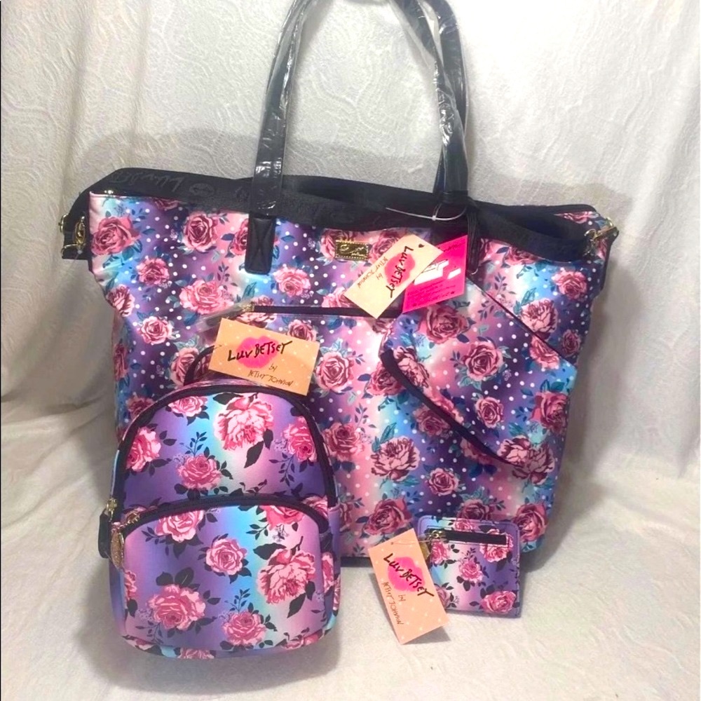 Betsey Johnson Luv 4pc Womans XL tote bag backpack wristlet wallet BNWT